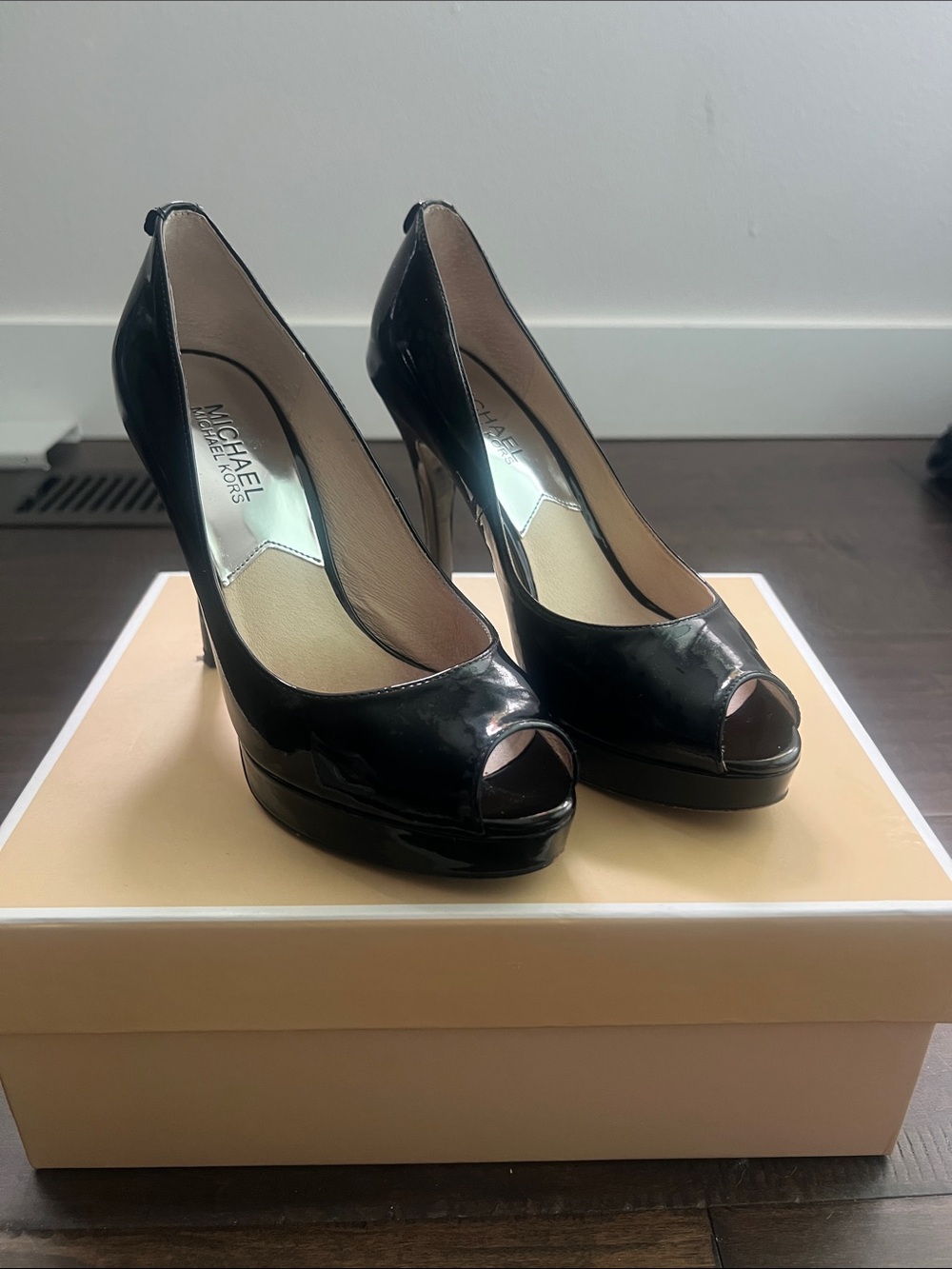 Michael Kors Black Patent Peep-Toe Platform Heels